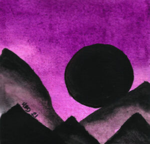 Watercolour black moon and mountain silouettes in front of purple sky